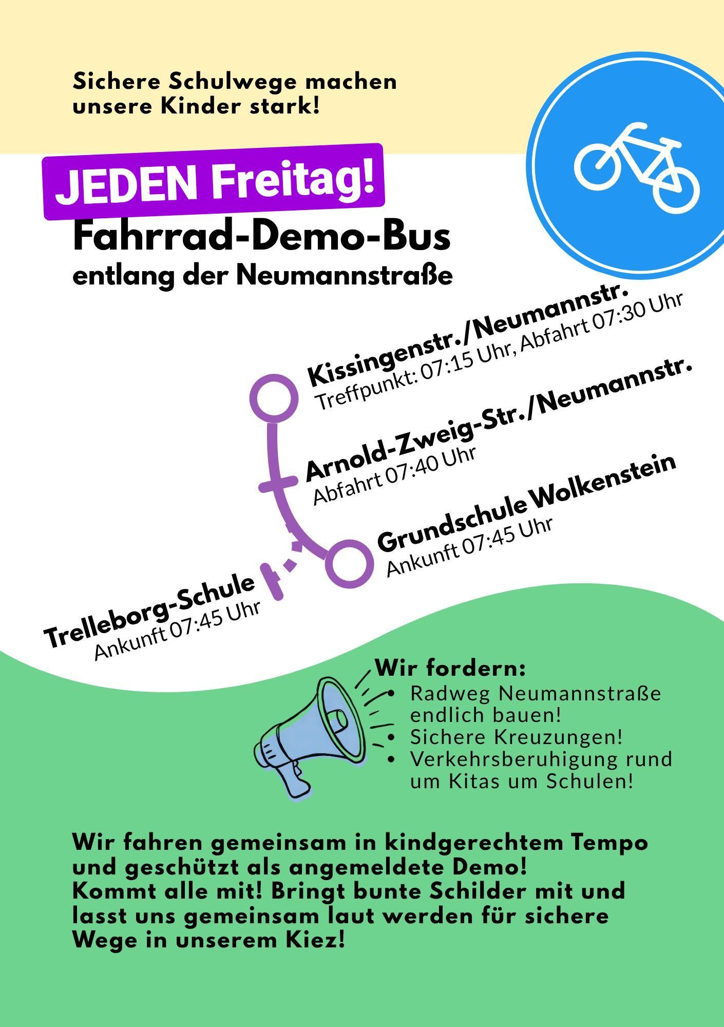 Jeden Freitag: Fahrrad-Demo-Bus auf der Neumannstraße – gemeinsam, sicher, bunt durch den Kiez!